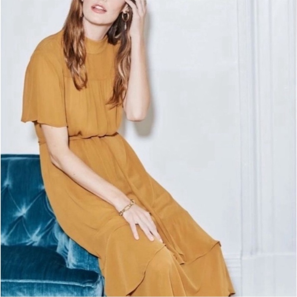AMOUR VERT onie midi dress marigold flutter sleeve mockneck made in usa size M - Picture 4 of 16